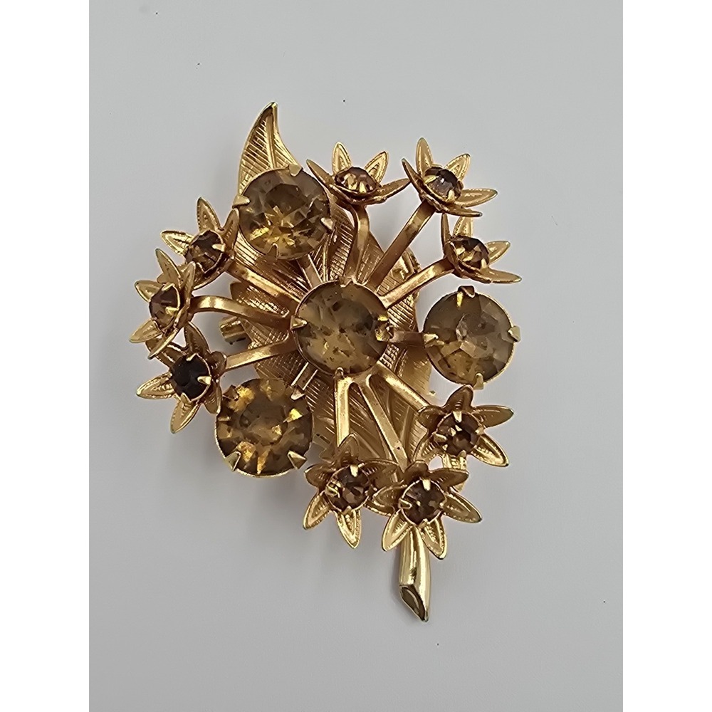 Vintage Gold Tone Floral Leaf Brooch Pin Champagne Brown Rhinestones Mid-Century